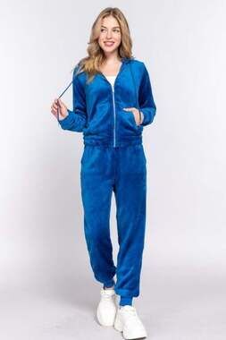 Cobalt Teddy Fur Fleece Y2K Style Tracksuit Set, Hoodie and Jogger Pants
